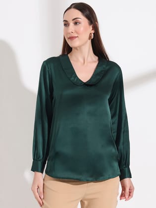 Summer Satin Emerald Green Peter Pan Collar Top-S / EMERALD GREEN