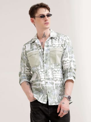 Verdant Mirage Olive Abstract Print Shirt-XL / Light Green