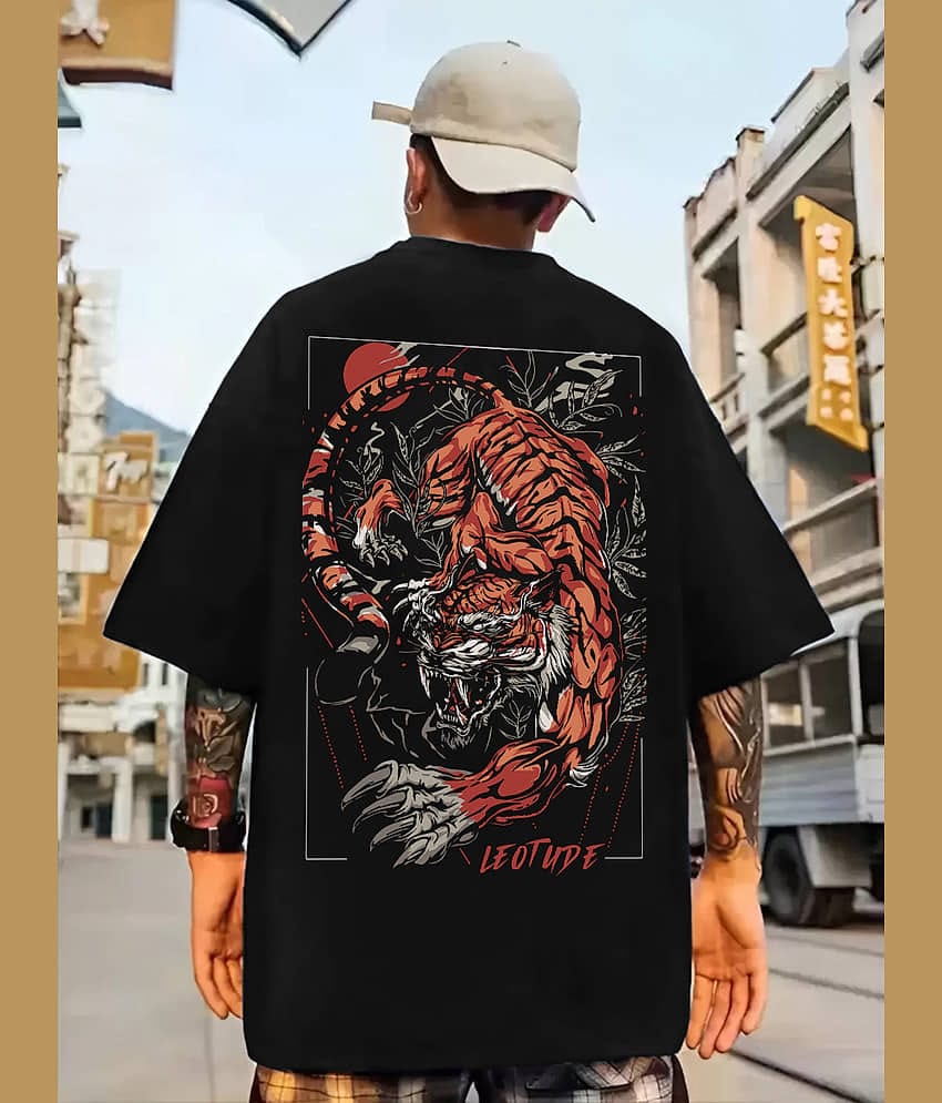 Leotude Cotton Blend Oversized Fit Printed Half Sleeves Men's Round T-Shirt - Black ( Pack of 1 )