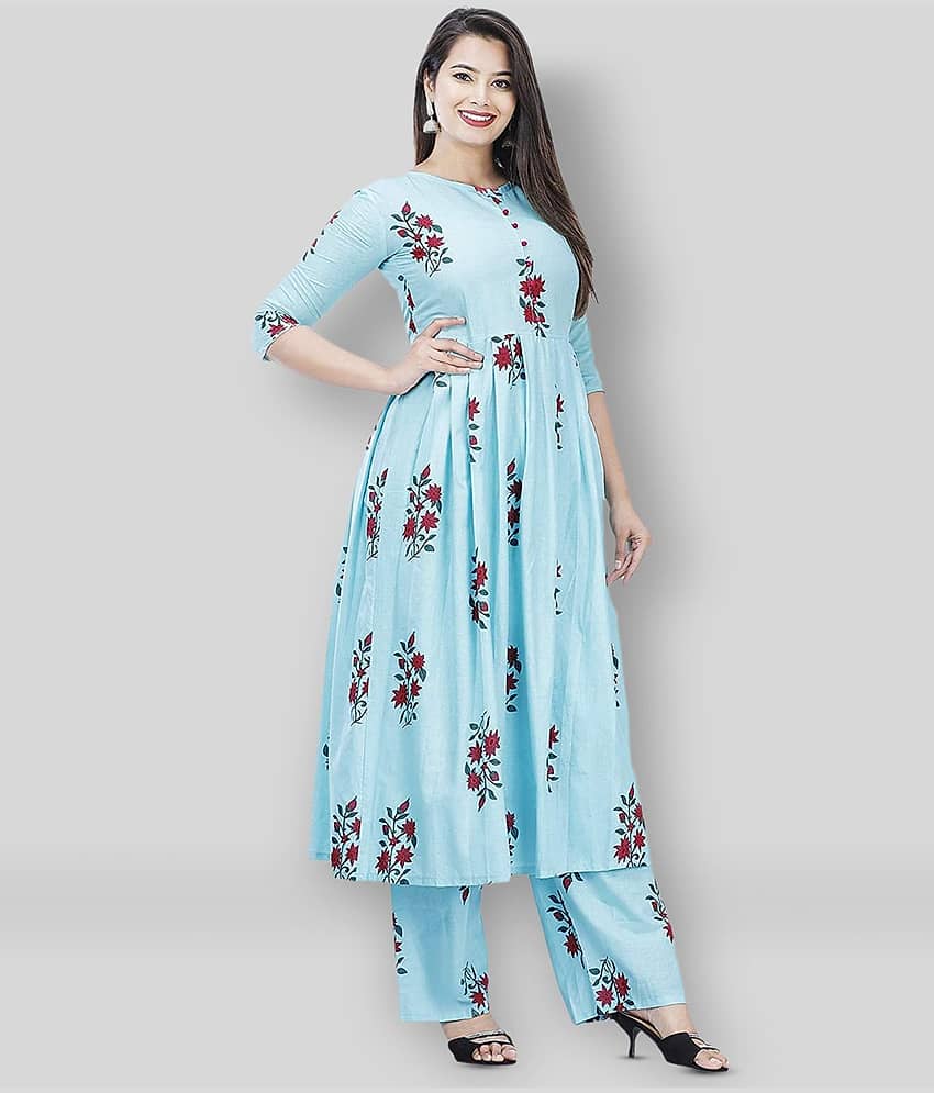 G4Girl - Light Blue Anarkali Cotton Women's Stitched Salwar Suit ( Pack of 1 )