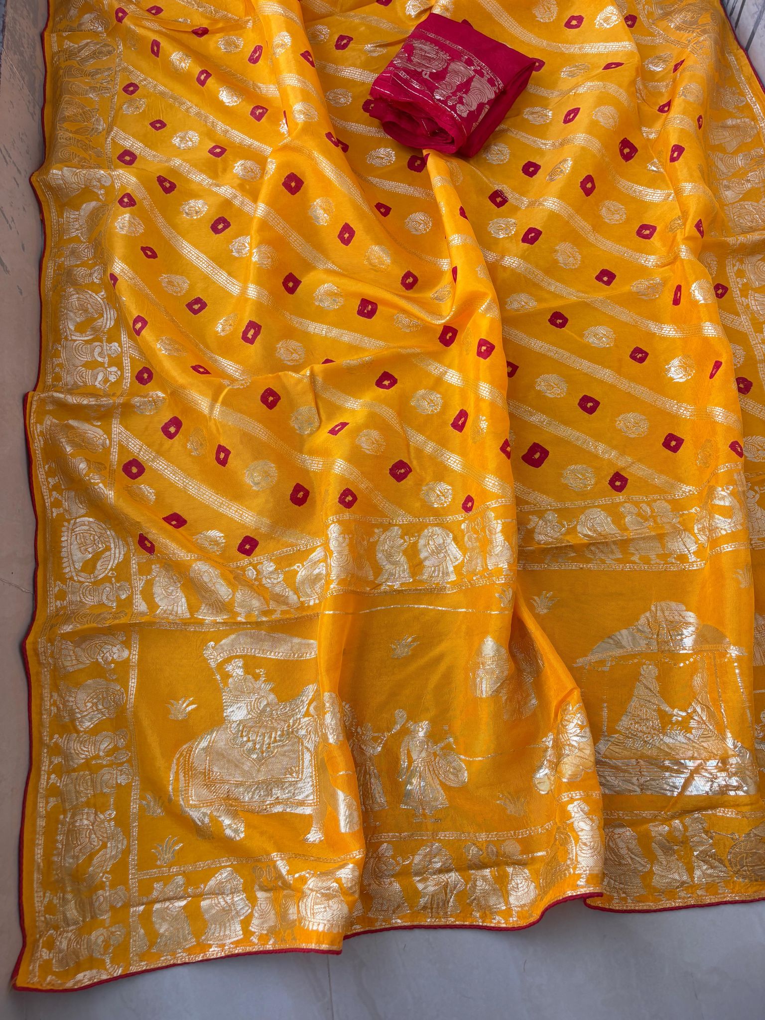 Pure dola silk fabric with beautiful dol zari  zari all over and hand bandej   zari havvy contrast bp suppr Saree