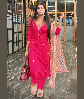 kedar fab Women Cotton Blend Embroidered Straight Kurti With Pants ( Pink )