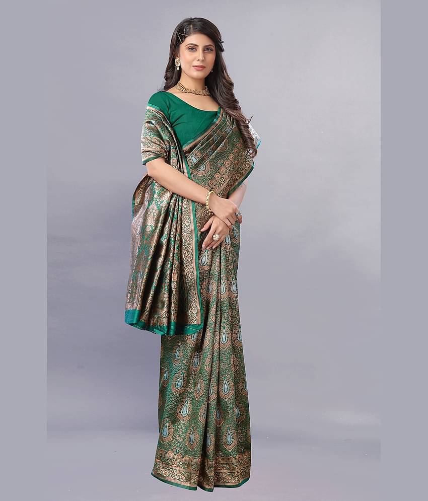 Gazal Fashions Banarasi Silk Embellished Saree With Unstitched Blouse Piece ( Green )