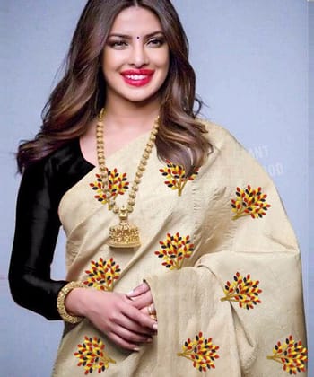 Black and Cream Colored Party wear Embroidered South Silk Sari