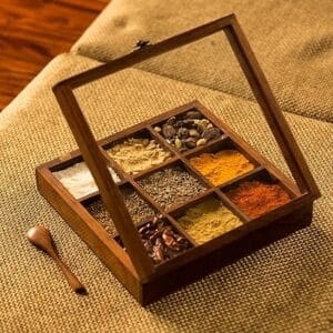 Handicraft Exim Wooden Spice Box (9 Compartments) | Handcrafted Kitchen Organizer | Traditional Masala Dabba