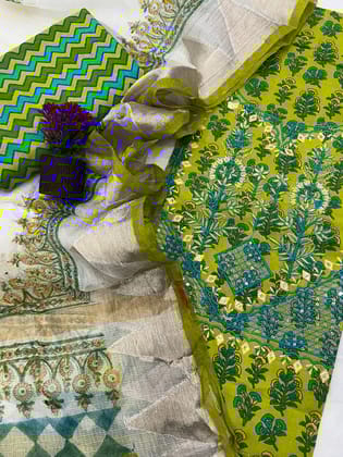 Embroidered Cotton Suit With Kota Silk Dupatta