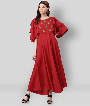 Yash Gallery Women Rayon Embroidered A-line Dress ( Red )
