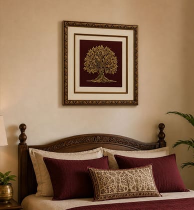 Handcrafted Zari Zardozi Glazed Cotton Kalpavriksha Framed Wall Art