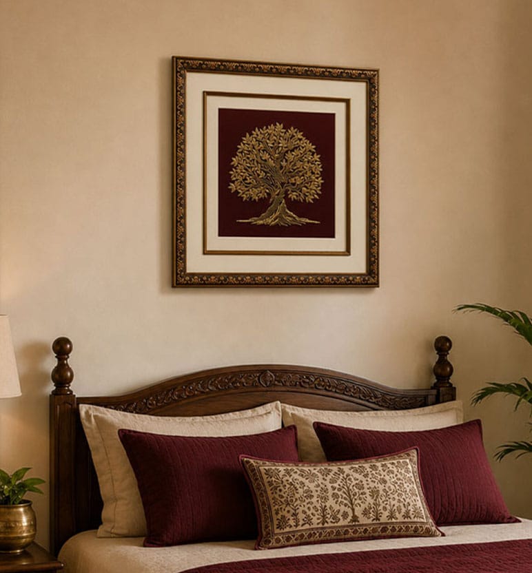 Handcrafted Zari Zardozi Glazed Cotton Kalpavriksha Framed Wall Art