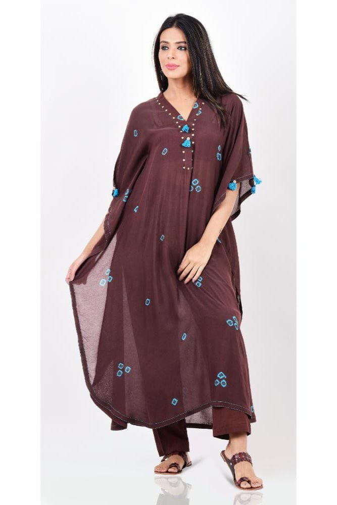 Brown Turquoise Bandhani Kaftan Set of 2-XL