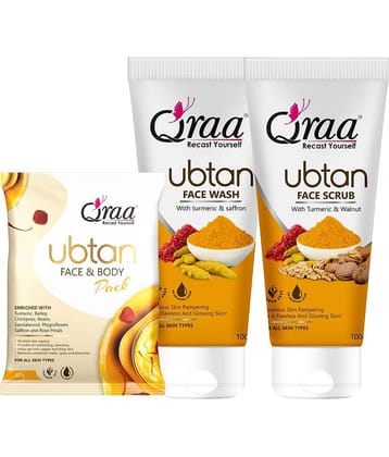 Qraa Ubtan Kit -For Glow And Brightening | Ubtan Facewash 100G, Ubtan Scrub 100G & Ubtan Pack 50G