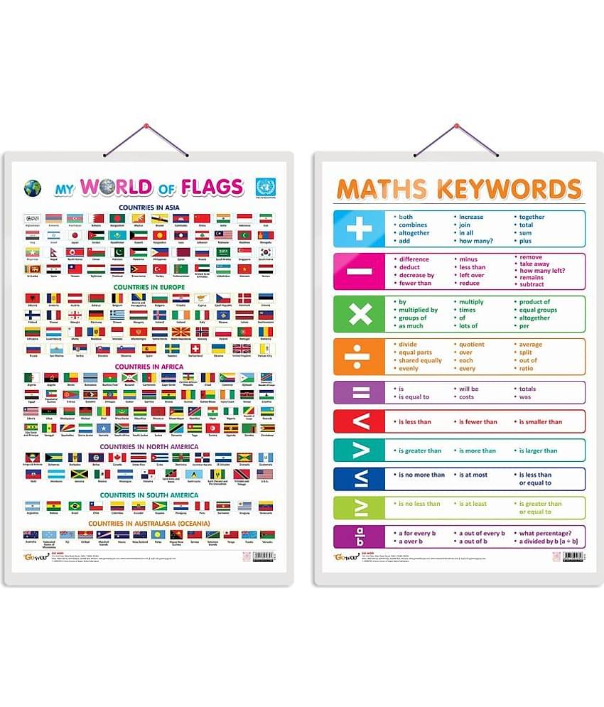 Set of 2 My World of Flags and MATHS KEYWORDS Early Learning Educational Charts for Kids | 20"X30" inch |Non-Tearable and Waterproof | Double Sided Laminated | Perfect for Homeschooling, Kindergarten and Nursery Students
