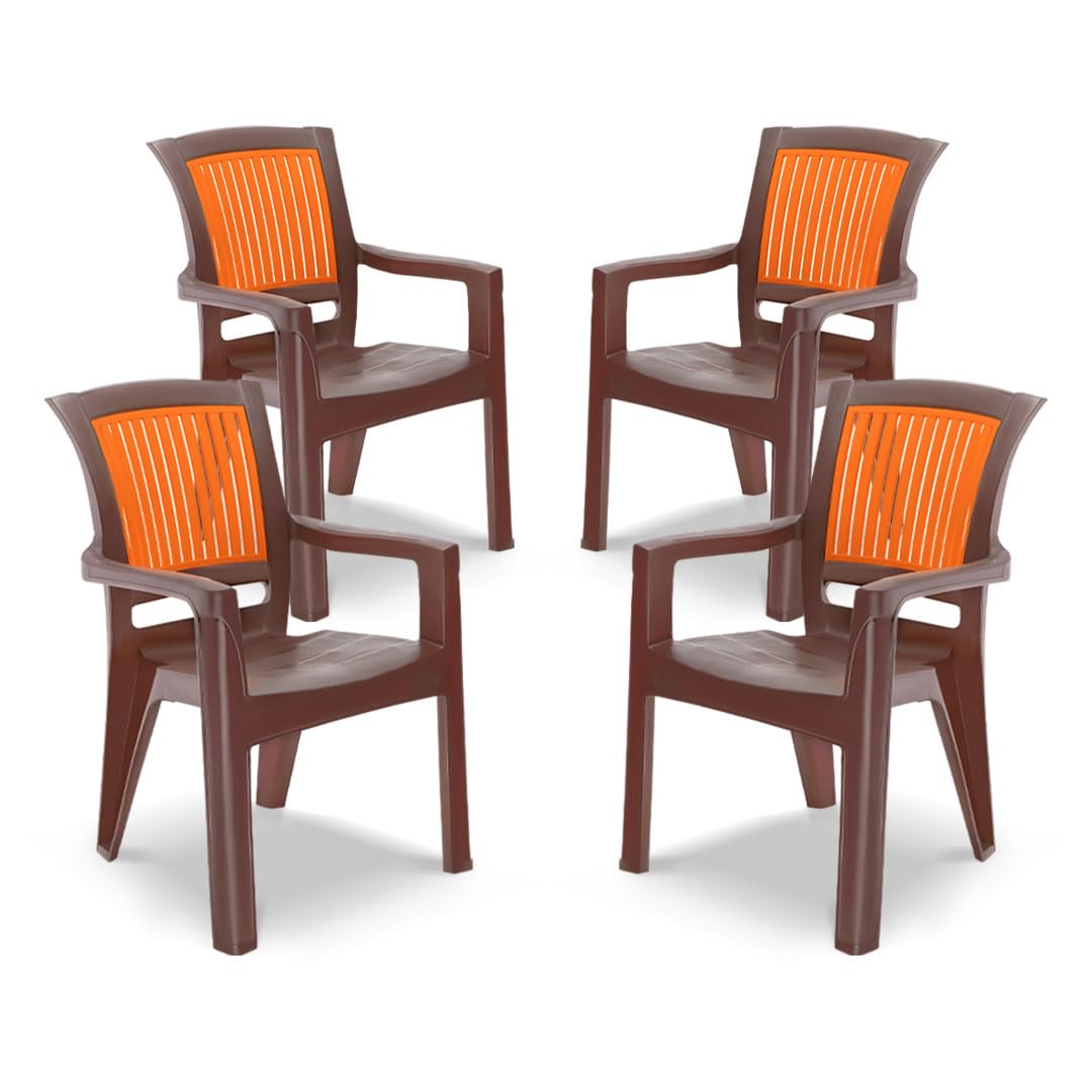 MAHARAJA Plastic Chair Set | Matt Pattern Chair for Home, Kitchen, Living Room, Office | Strong and Sturdy Structure | Bearing Capacity Up to 200Kg (Brown & Orange, Pack of 4)