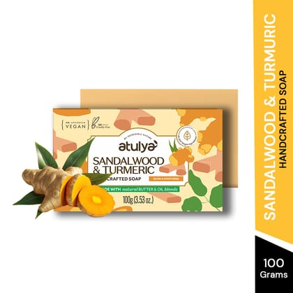 Atulya Sandalwood & Turmeric Handcrafted Soap | Hydrates and Brightens Skin - 100gm Atulya Sandalwood & Turmeric Handcrafted Soap | Hydrates and Brightens Skin - 100gm