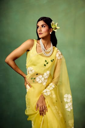 Lemon Yellow Pure Organza Saree with Hand-Painted White Floral Motifs & Sequin Detailing | Modal Satin Blouse-Regular