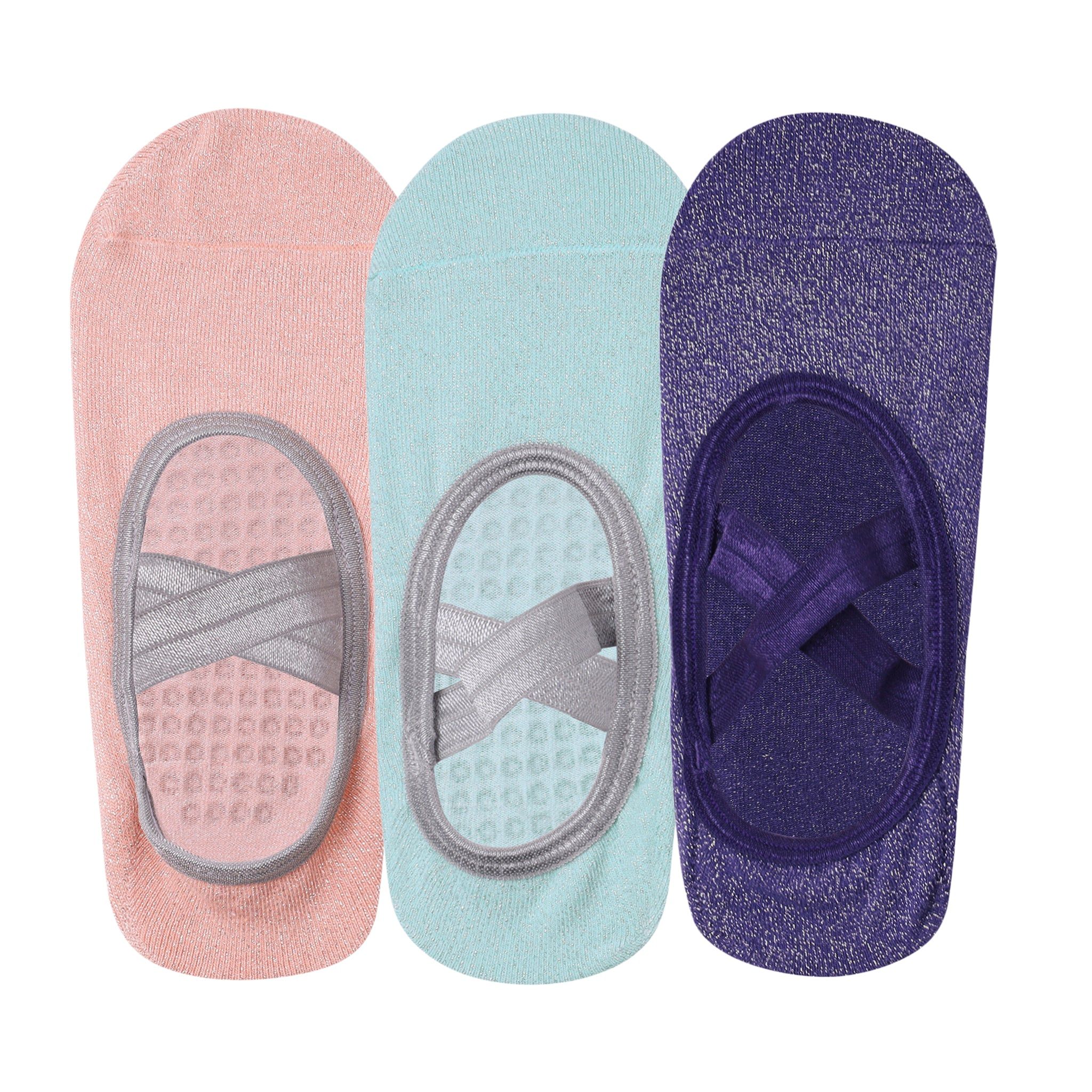 Yoga and Pilates Non-Slip Socks for Women - Set of 3 (Light Pink, Purple, Mint Green)