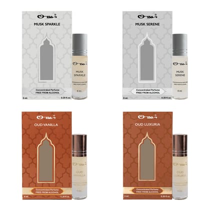 OSSA MUSK SPARKLE & SERENE, OUD VANILLA & LUXURIA CONCENTRATED PERFUMES (PACK OF 4)