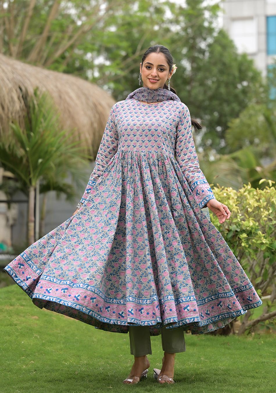 Floral Printed Round Neck Pure Cotton Anarkali Kurta With Trousers & Dupatta-XS