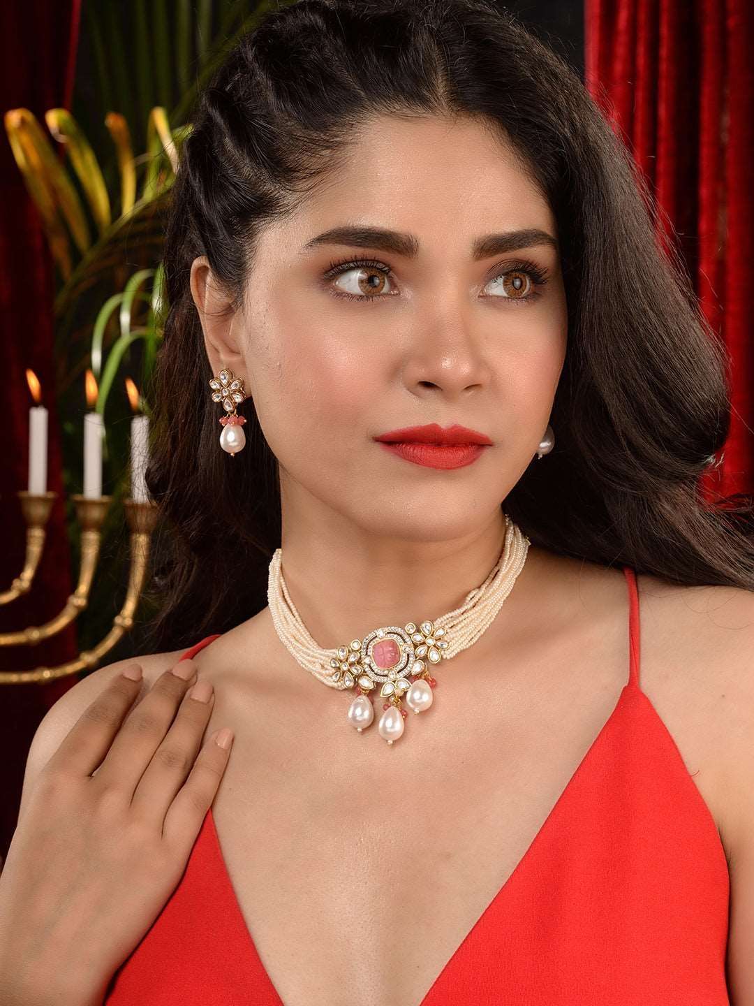 Gold Plated AD Studded Kundan natural Pearl beaded Choker Jewellery Set