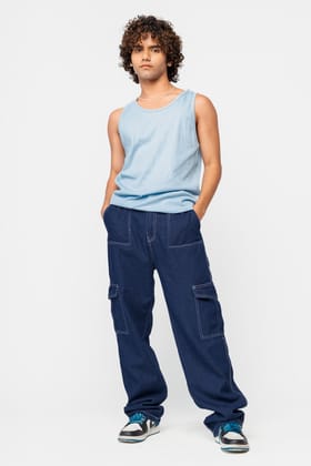 Mid Blue Elasticated Men's Straight Cargo Jeans 26