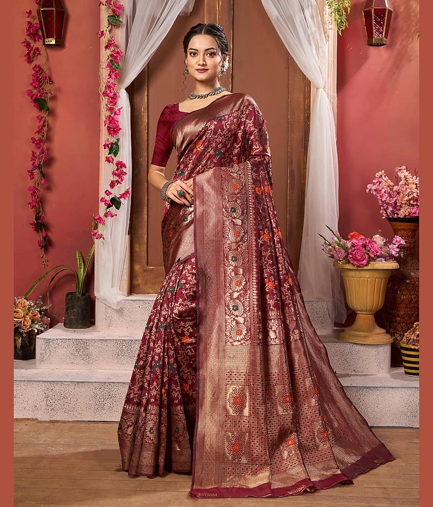 Aadvika Art Silk Woven Saree With Unstitched Blouse Piece ( Maroon )