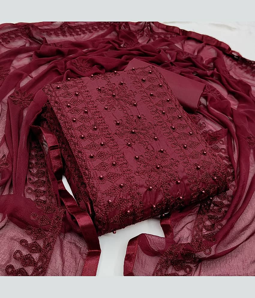 PRIHAL ART Maroon Cotton Unstitched Dress Material - Single