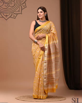 Quaint Pure Maheshwari Pure Silk Yellow Saree Blockprint