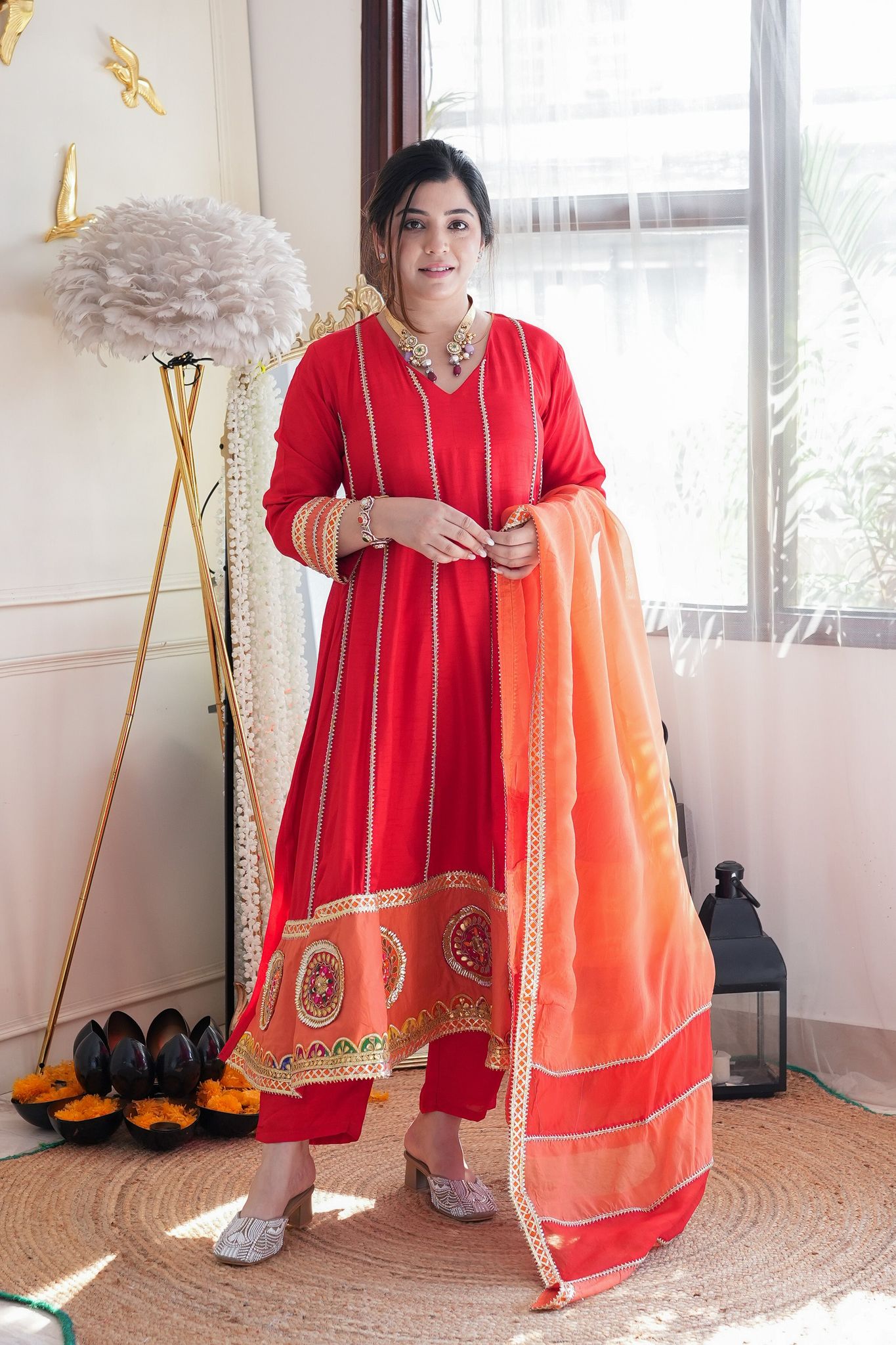 Devi Red Gotta Detailing Anarkali Suit Set-M