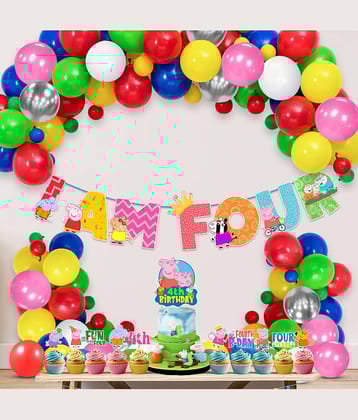 Zyozi Multicolor Peppa Pig Birthday Party Decorations Combo Include Happy Birthday Banner, Cake Topper, Balloons, Cupcake Toppers, Pig Party Supplies for Kids (Pack of 37) (4th BIRTHDAY)