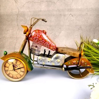 Bike Showpiece with Table Clock | Vintage Motor Cycle Bike Miniature with Desk Watch - for Home, Living Room, Study Table, Desk, Office Decor & Gifts-Design 2