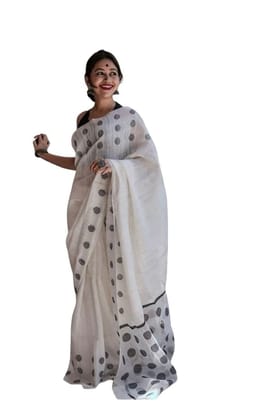 Women's Soft Lilan Printed Saree With Unstitched Blouse 5.5Mtr (White)-PID63659