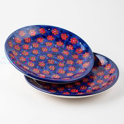Red and Blue Floral Hand Painted Ceramic Breakfast Plates 8 Inch Set of 2-Set of 2
