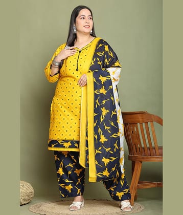 Rajnandini Cotton Blend Printed Kurti With Palazzo Women's Stitched Salwar Suit - Mustard ( Pack of 1 )