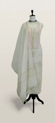Chikankari Mul Chanderi Dress Material Pink Green Jaali Yoke