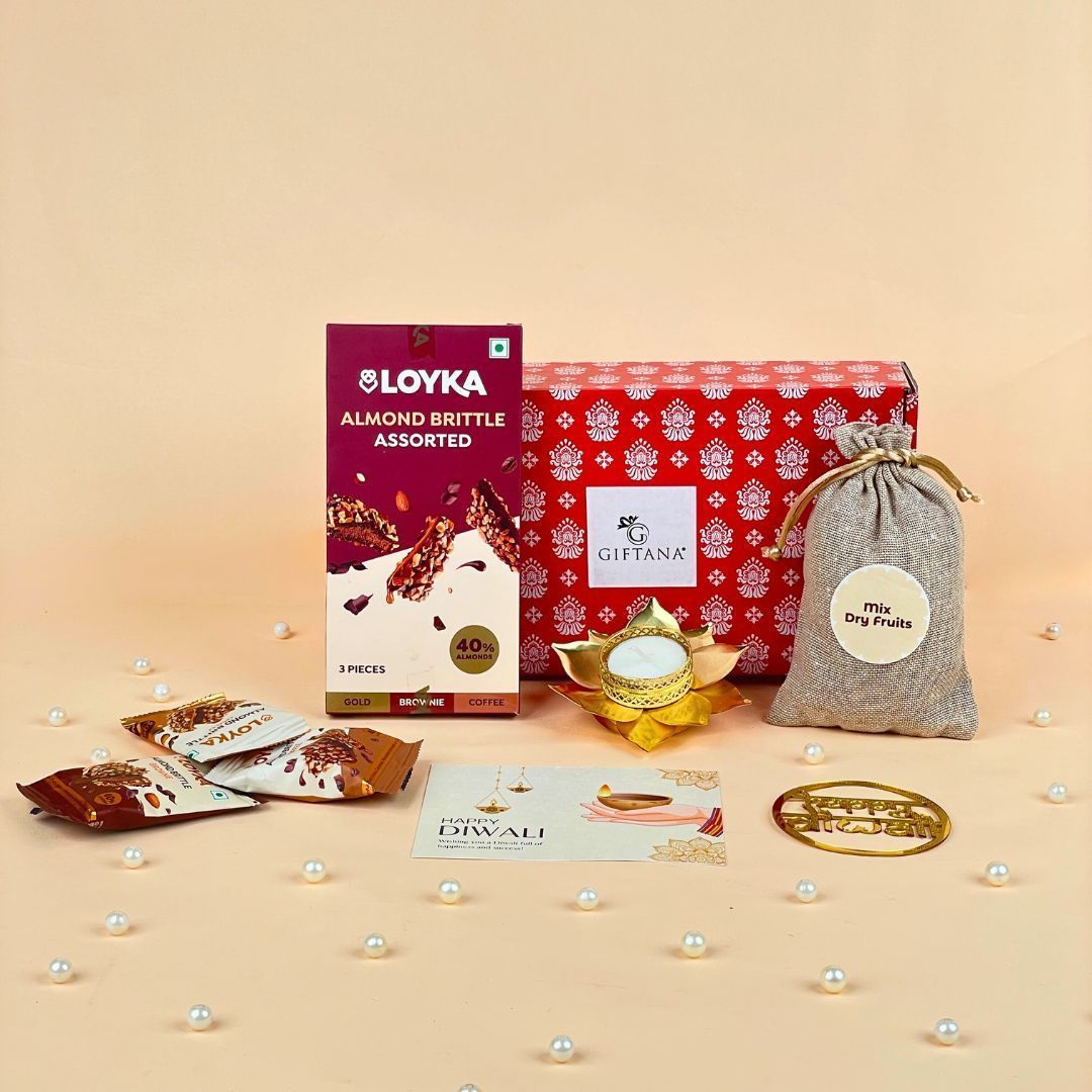 Unique Diwali Hampers with Dry Fruits, Almond Brittle & Lotus Diya