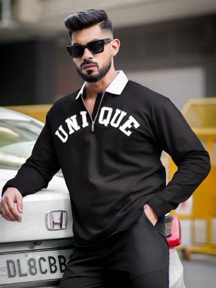 Half Zip Unique Black Fullsleeve Polo Tshirt-L
