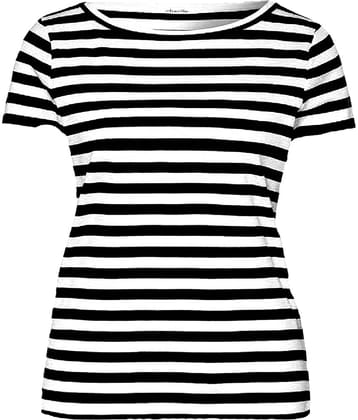 VEE SAA Women Cotton Striped Regular Fit Round Neck T-Shirt ( Black )