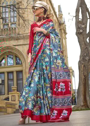 Floral Blue and Red Satin Crepe Printed Saree