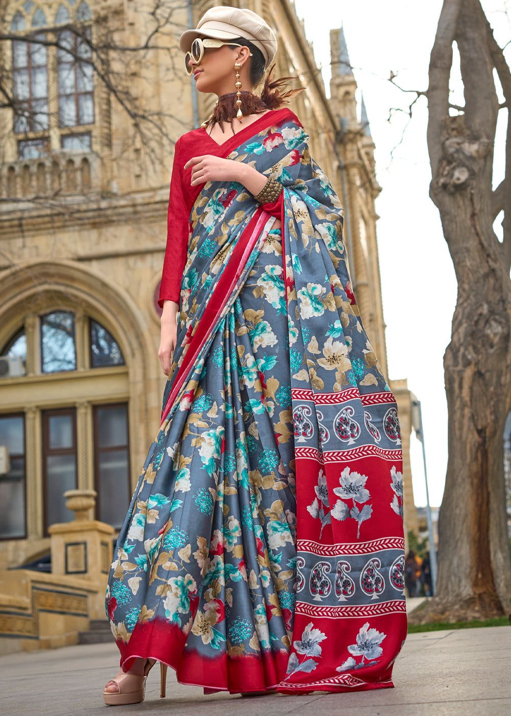Floral Blue and Red Satin Crepe Printed Saree
