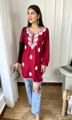 Maroon Red Chikankari Short Kurta-XL