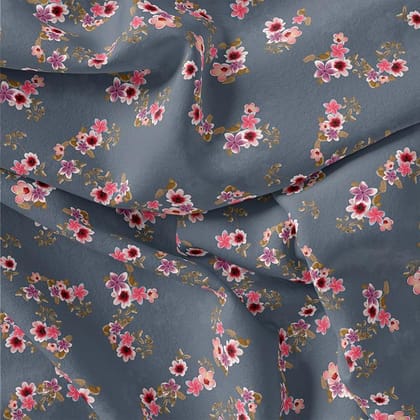 Tiny Flowers With Metal Grey Digital Printed Fabric-Polyester / Japan Satin / 110 CM | 43 Inch