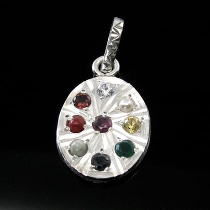 Navratan Multi Gemstones Studded Silver Pendant