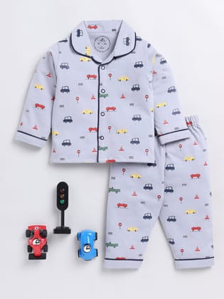 Graphic Car Print Grey Full Sleeve Nightwear Set-6-9 m