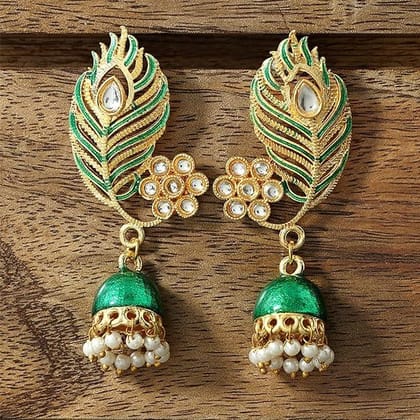 Gold-Plated Green Leaf Shaped Enamel and Kundan Jhumkas Earrings