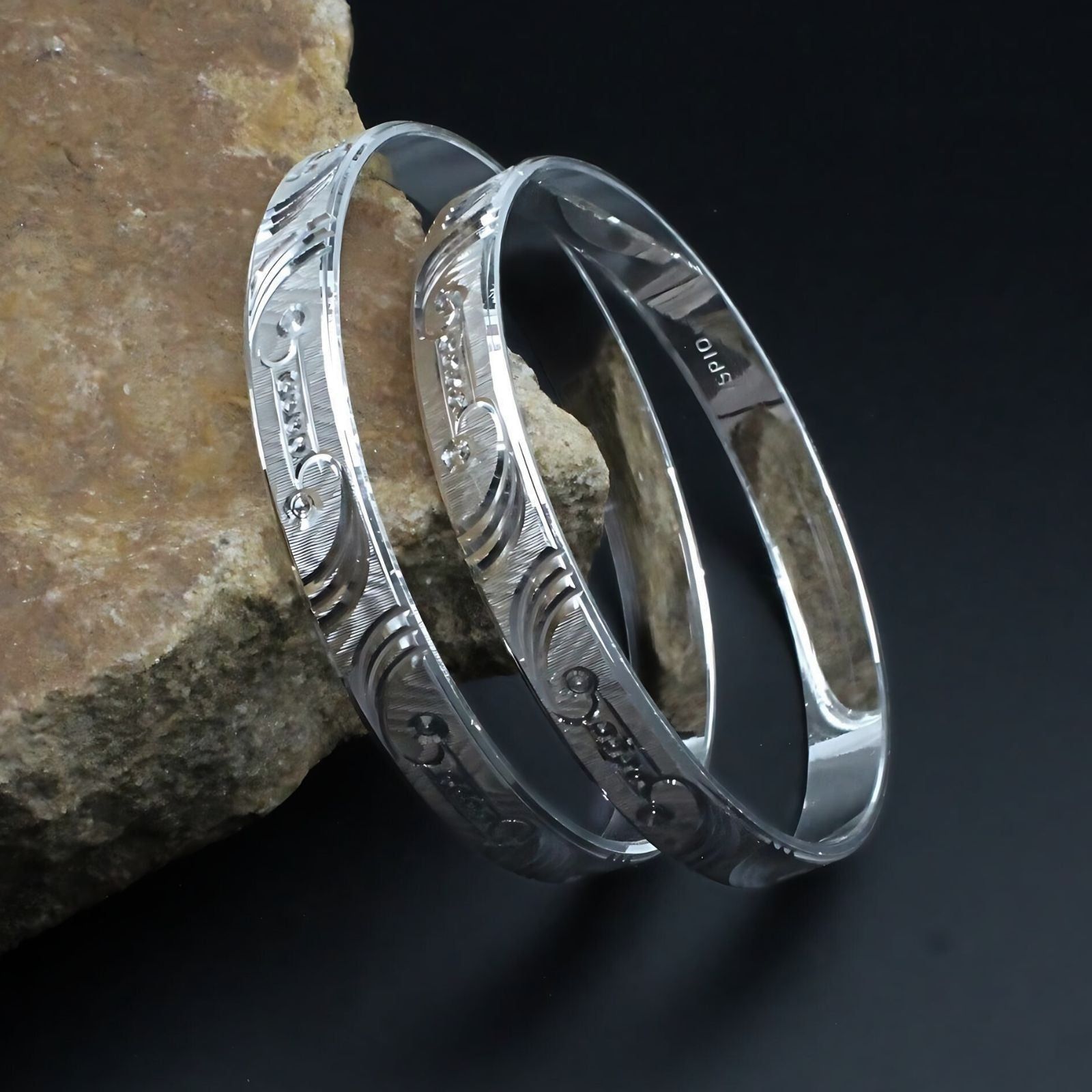 990 Real Silver Women Cultural design Bangles Bracelet (Kangan)- Pair-5.4 CM (2.12 Inch) 2.2