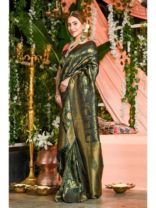 Dark Green Woven Design Soft Silk Banarasi Saree