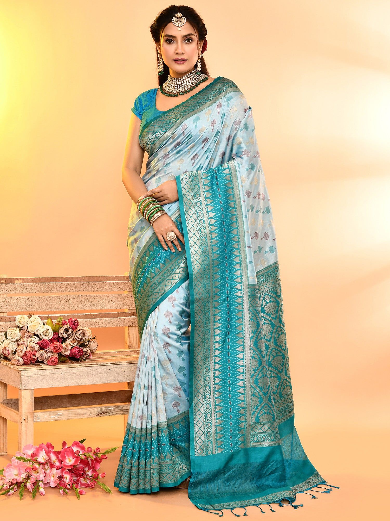 Sky Blue Pure Soft Silk Woven Designed Banarasi Saree