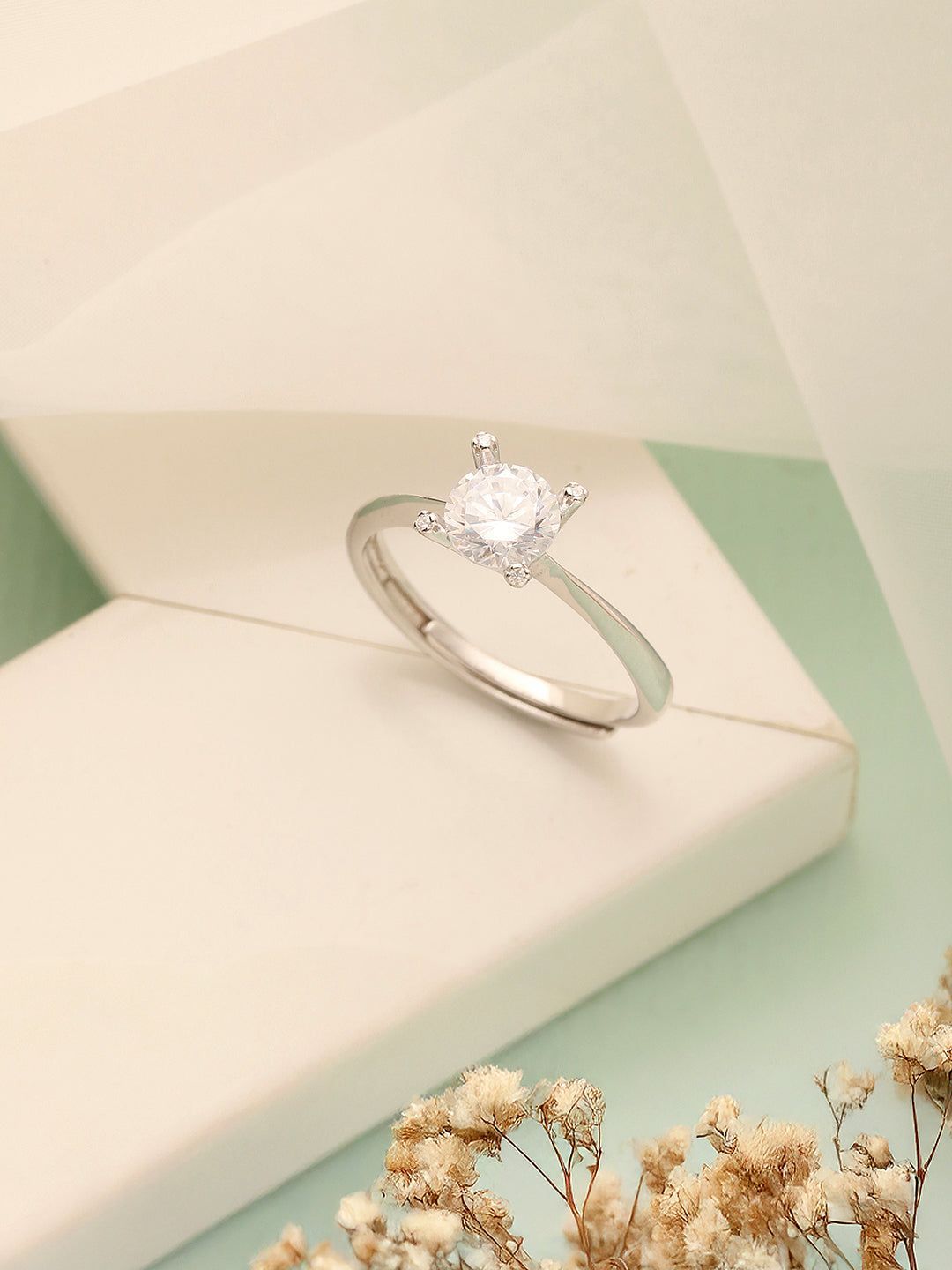 925 Sterling Silver Zircon Studded Solitaire Minimal Engagement Adjustable Finger Ring
