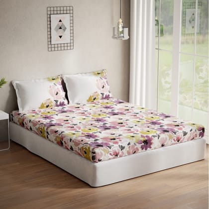 DDECOR - Optima Collection 100% Cotton Floral Pattern 136TC Queen Bedsheet |224 CM X 254 CM| Pink