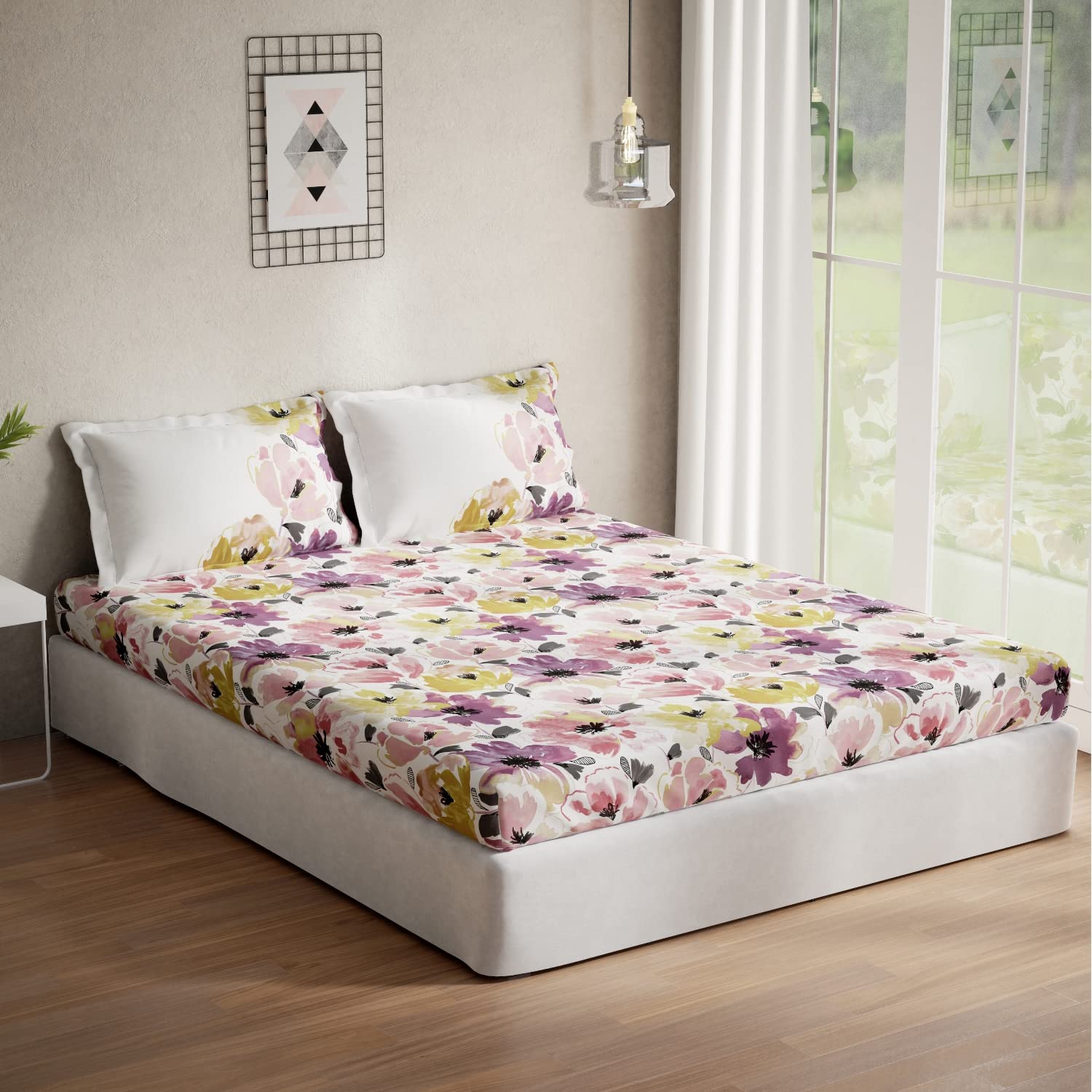 DDECOR - Optima Collection 100% Cotton Floral Pattern 136TC Queen Bedsheet |224 CM X 254 CM| Pink